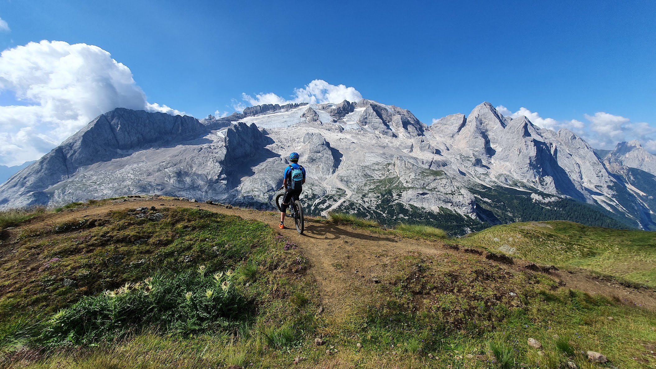 Mountainbiker steht vor Marmolada Ausblick