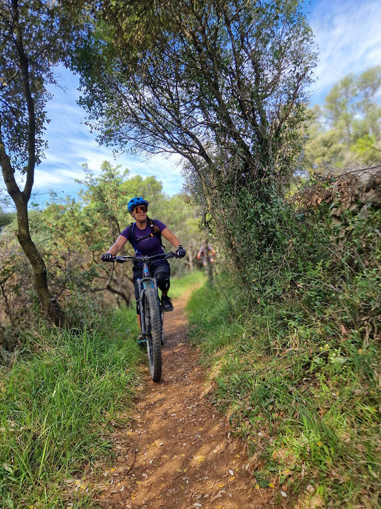 Mountainbikerin auf Trail im Wald