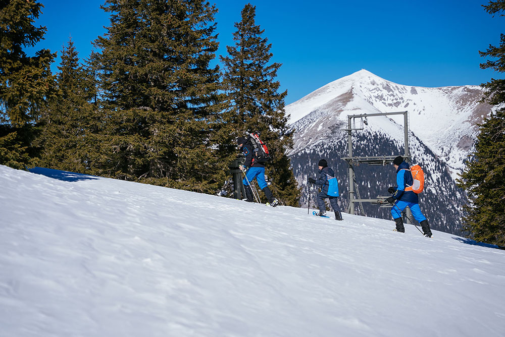3 Personen Schneeschuhwandern Raxplateau Blick auf Schneeberg